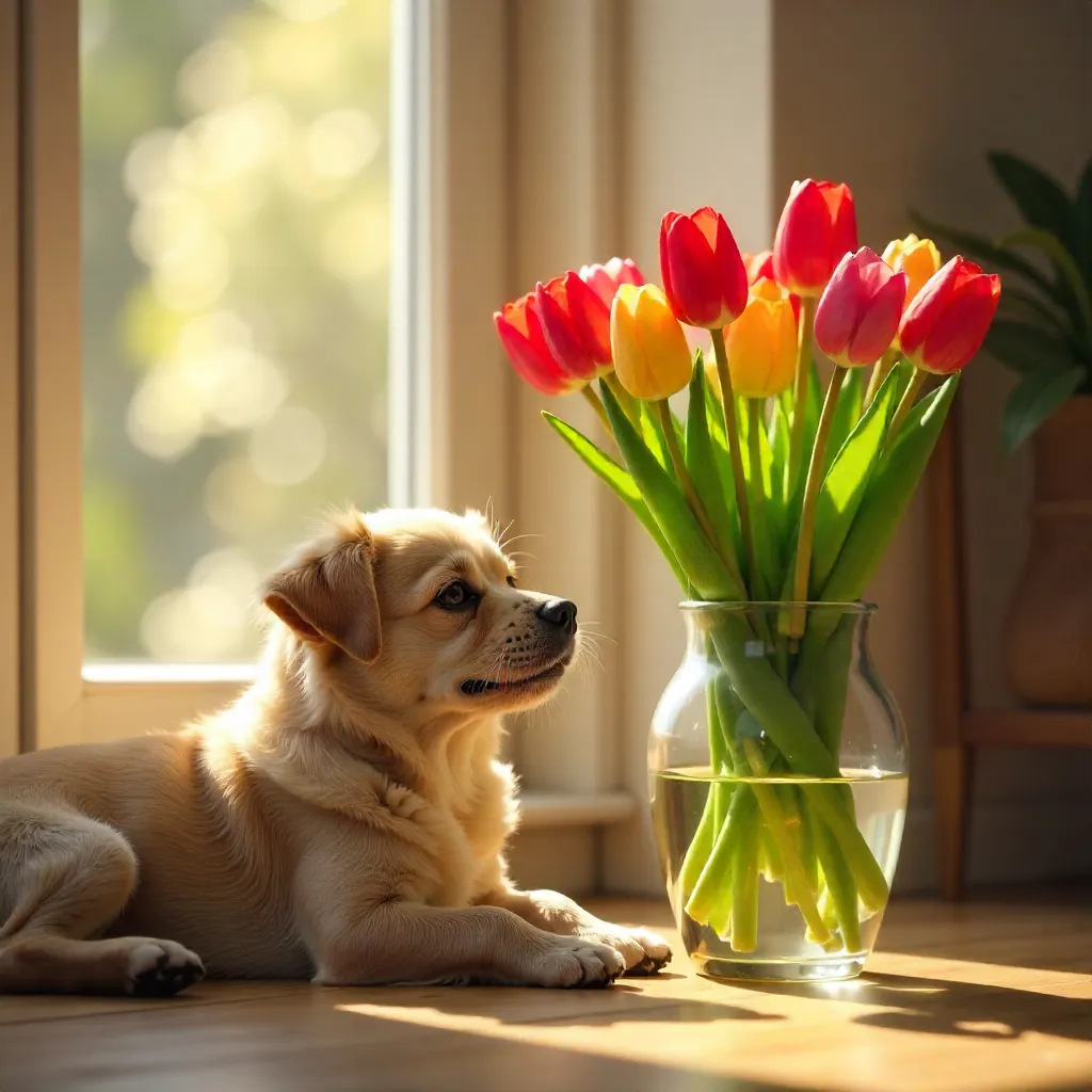 Sunlit Corner: Small Dog Beside Tulips