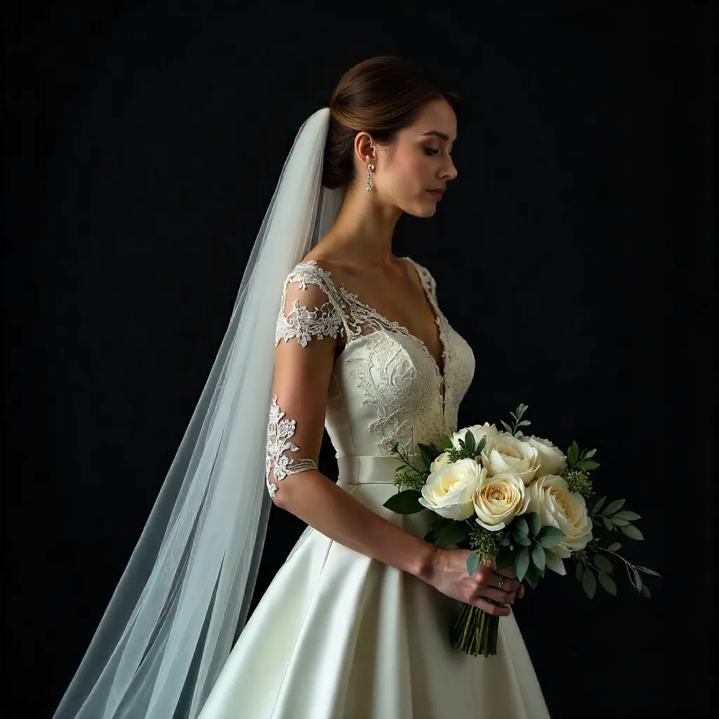 Bride in White Gown with Flowing Veil against Dark Backdrop