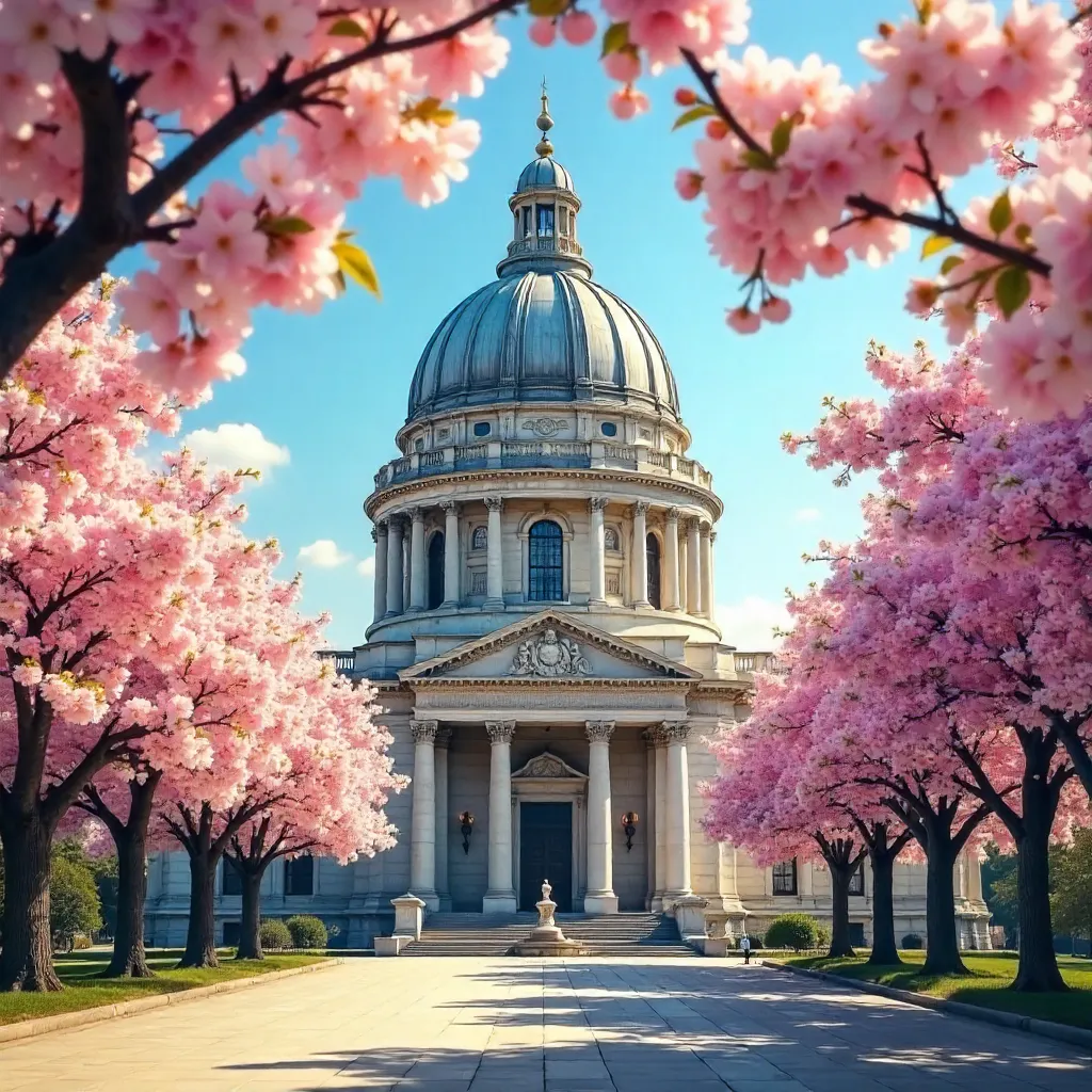 Springtime Dome Framed by Blossoms under Blue Sky