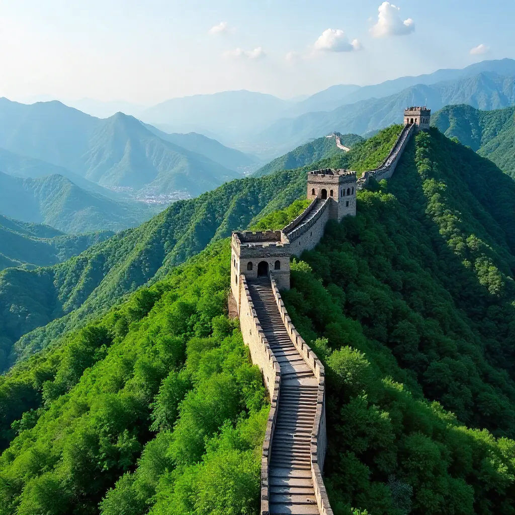 Aerial Great Wall Over Verdant Hills