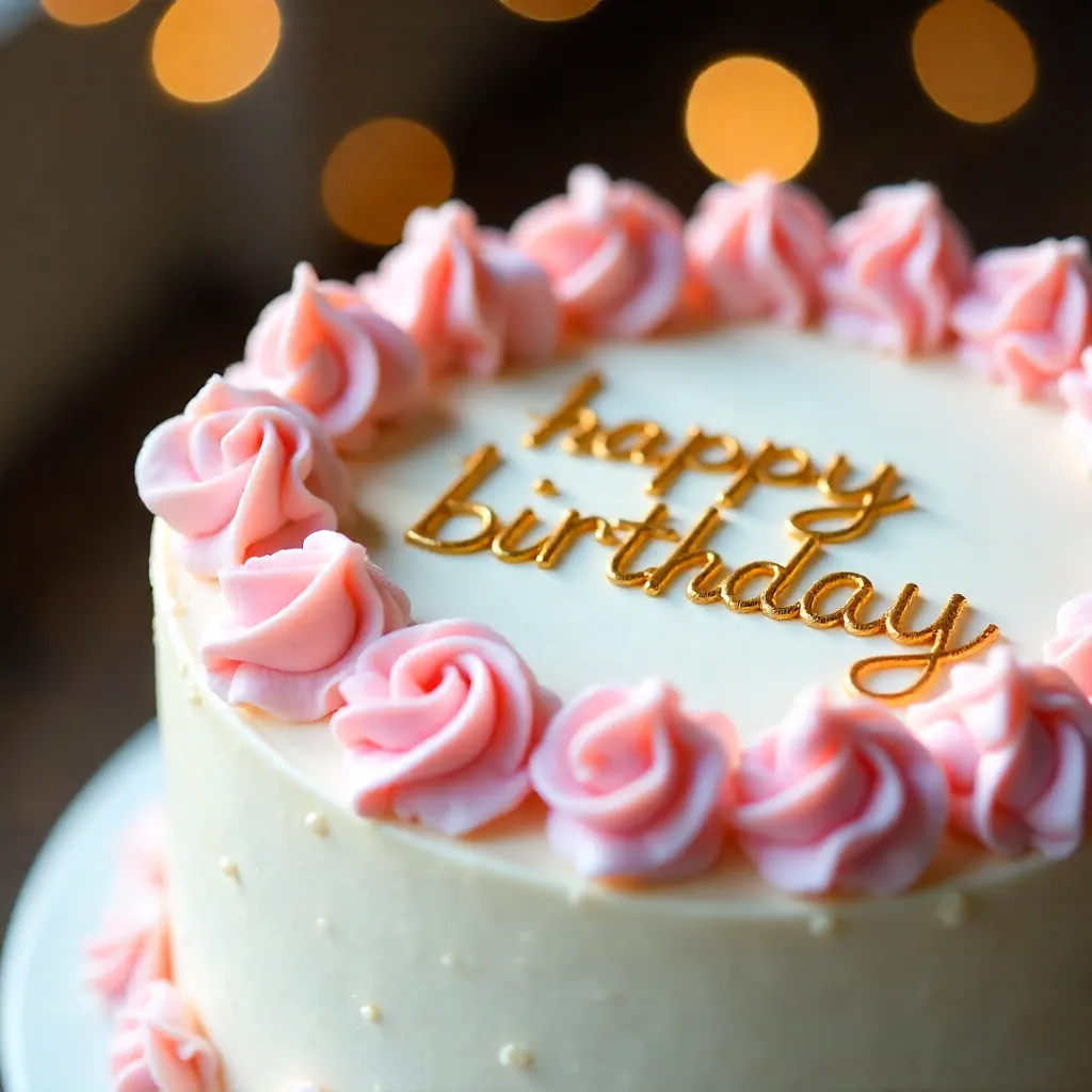 Close-Up Birthday Cake with Pink Flowers and Script Text