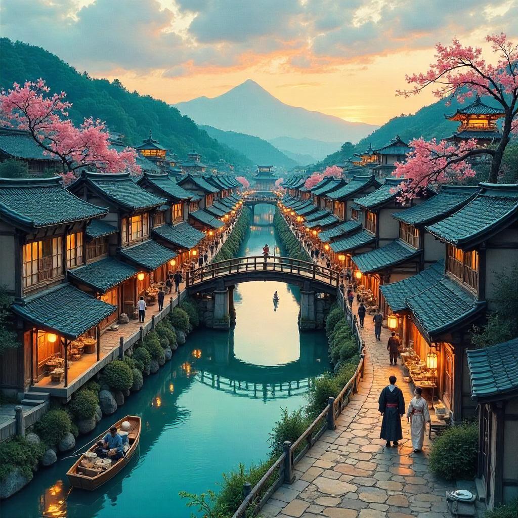 Watercolor Cityscape of Feudal Japan