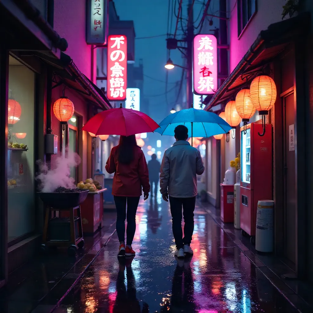 Neon Alley Walk: Umbrella Duo in Tokyo Night