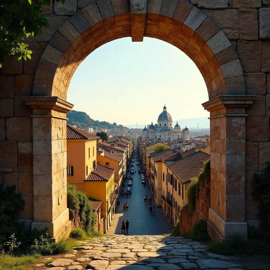 View from a Historic Roman Arch Over Rome
