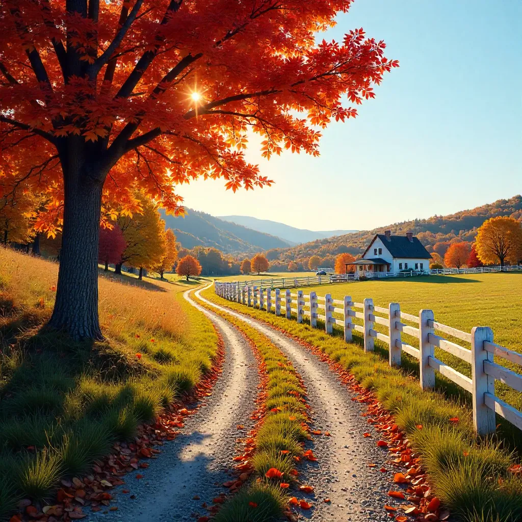 Autumnal Path with White Fence and Colorful Trees