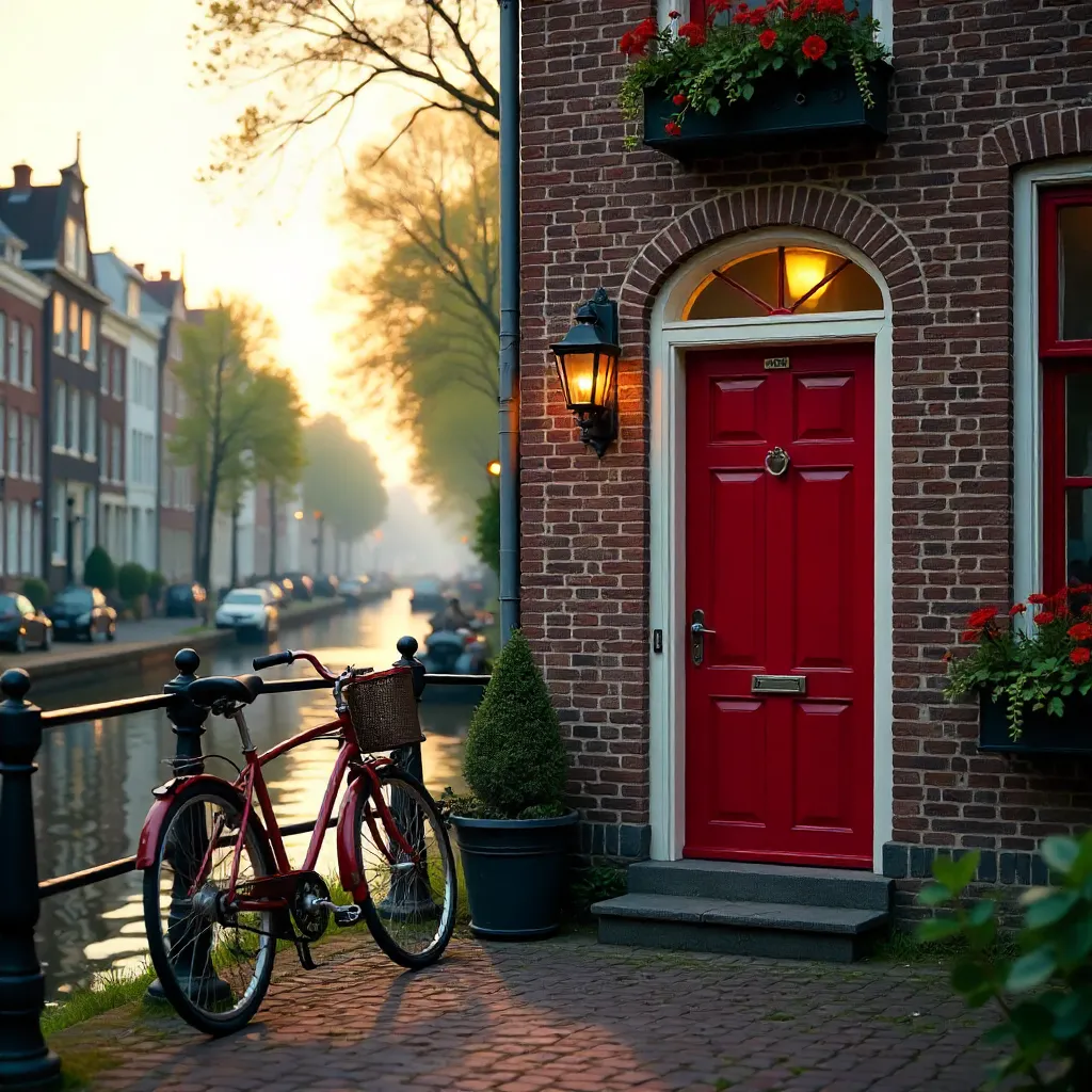 Red Door on a Charming Amsterdam Brick Facade