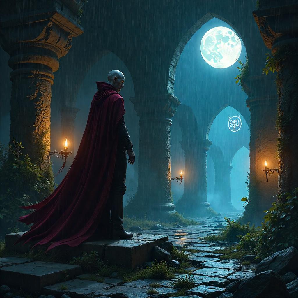 Vampire in Ruined Temple: Digital Dark Fantasy