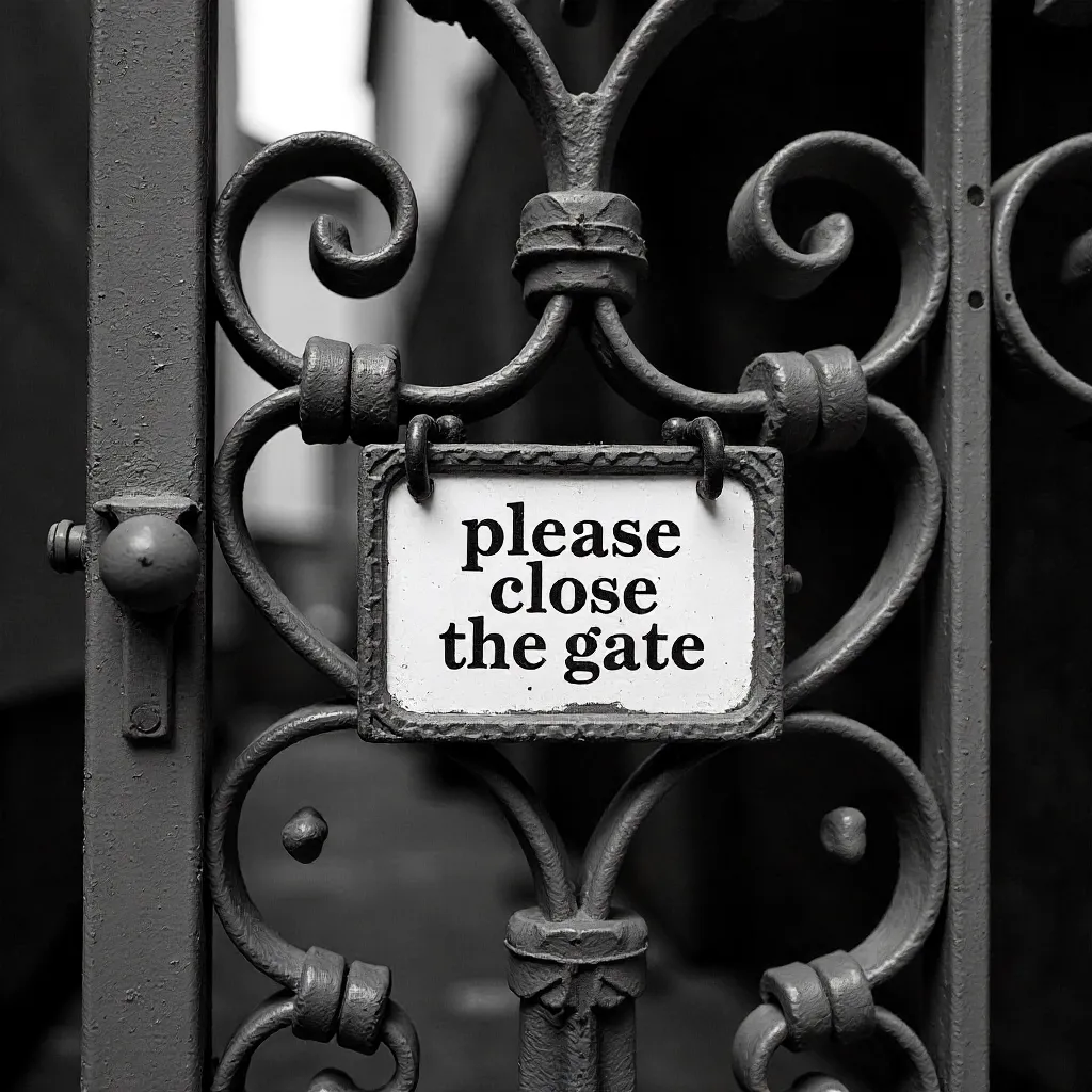 Close-Up of a Vintage Iron Gate with Sign