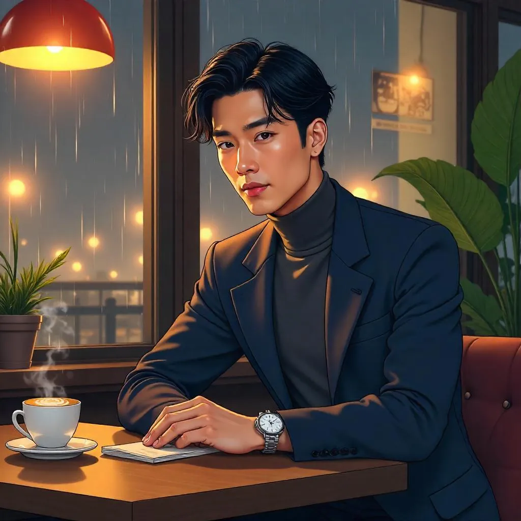 Stylish Asian Man in a Cozy Café, Anime Style