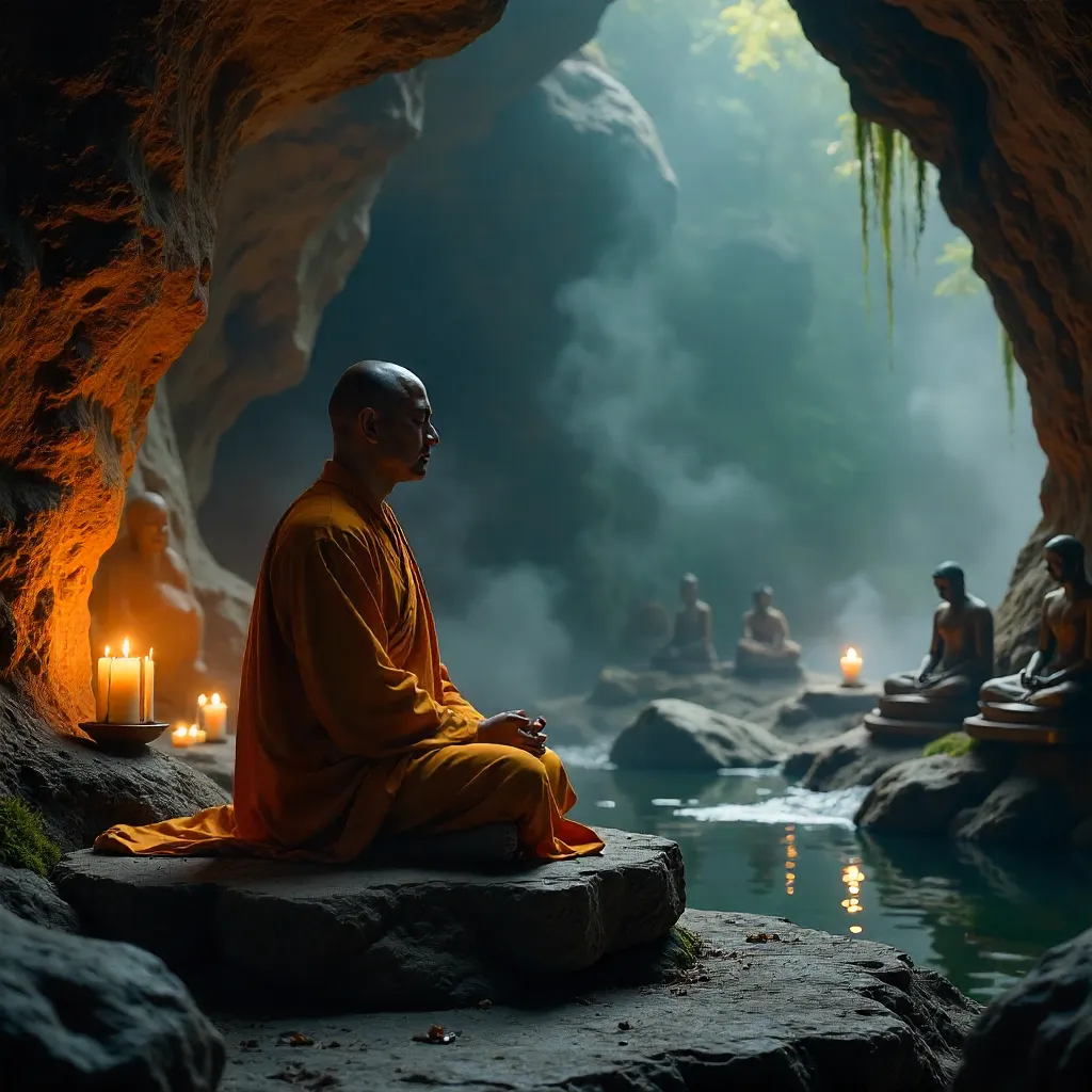 Monk Meditates in a Candlelit Cave Temple