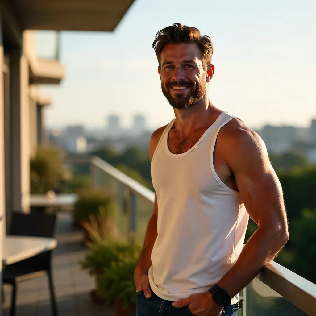 Relaxed man on a sunny balcony in a white tank top