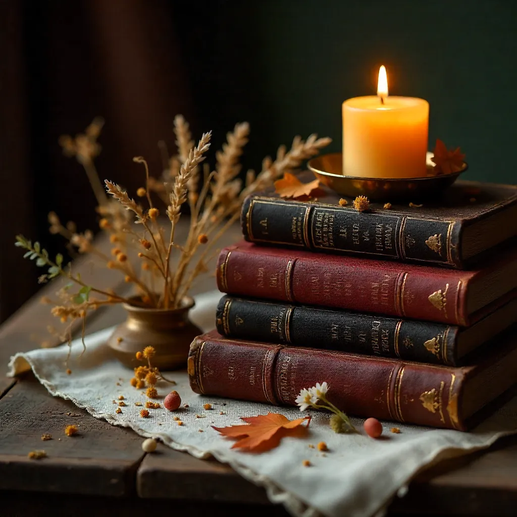 Autumn Still Life with Vintage Books and Candle