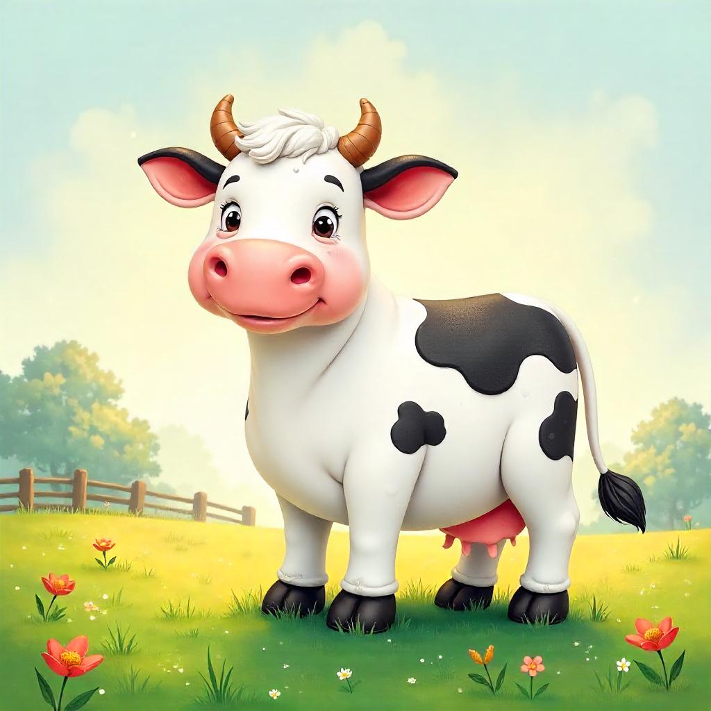 Whimsical Cartoon Cow in Morning Mist