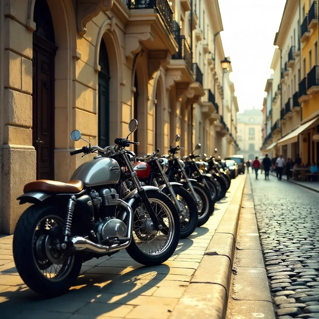 Motorbikes on a Cobblestone Street with Classic Facades