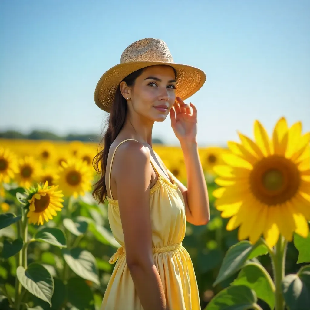 Sunlit Field: Woman in a Sunhat Among Sunflowers