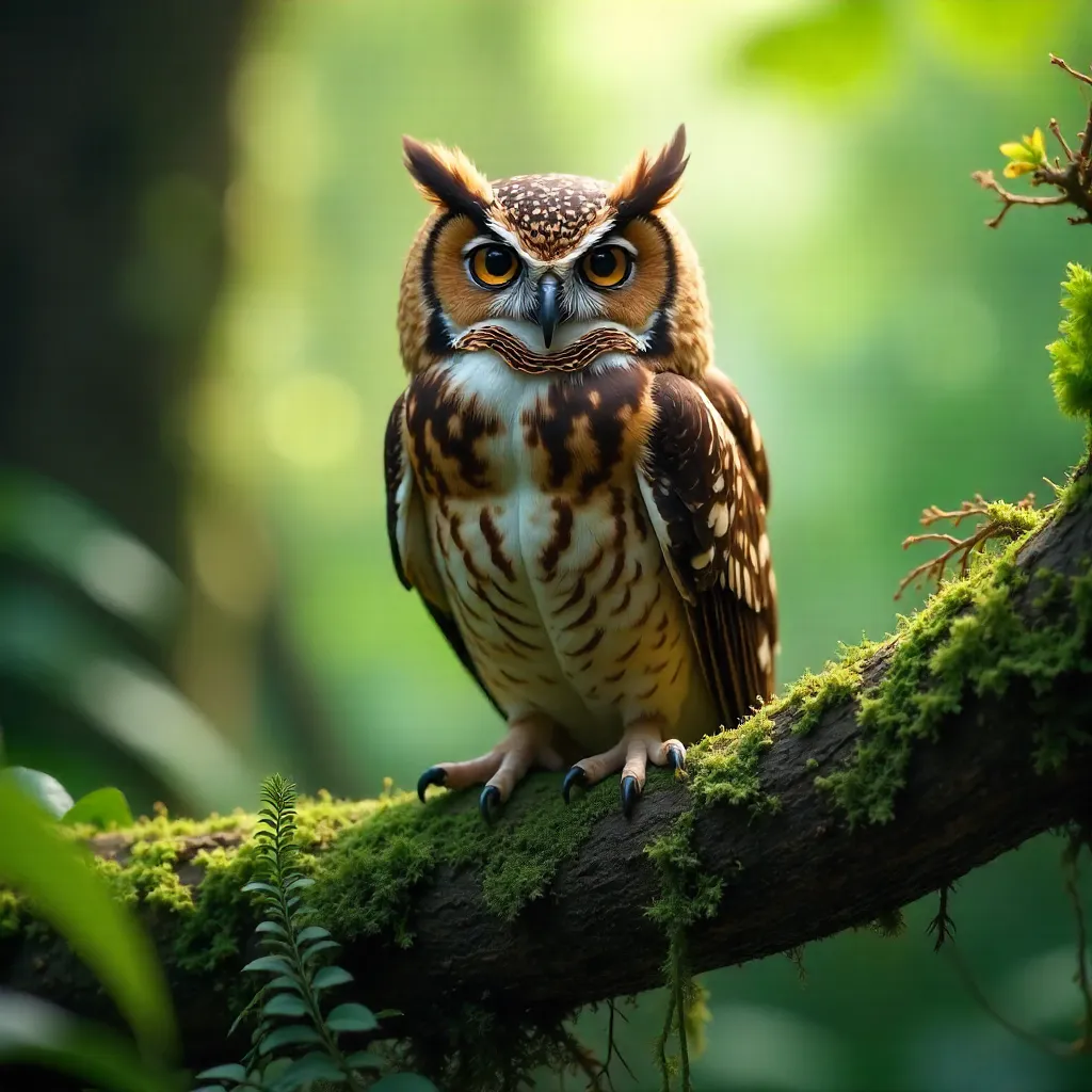 Close-Up Costa Rican Owl on Mossy Forest Branch