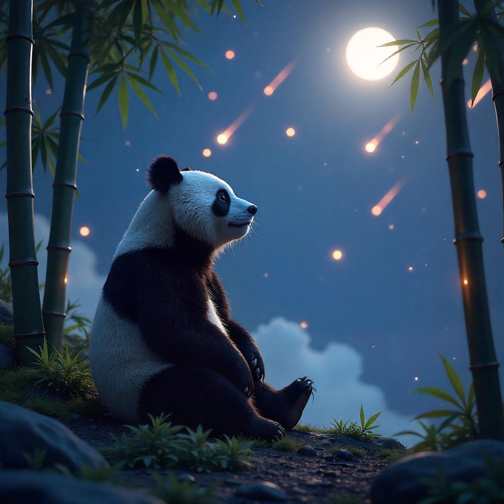 Panda in a Meteor Shower: 3D Render