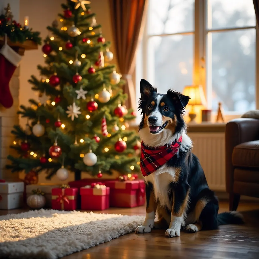 Adorable Australian Shepherd by a Festive Christmas Tree