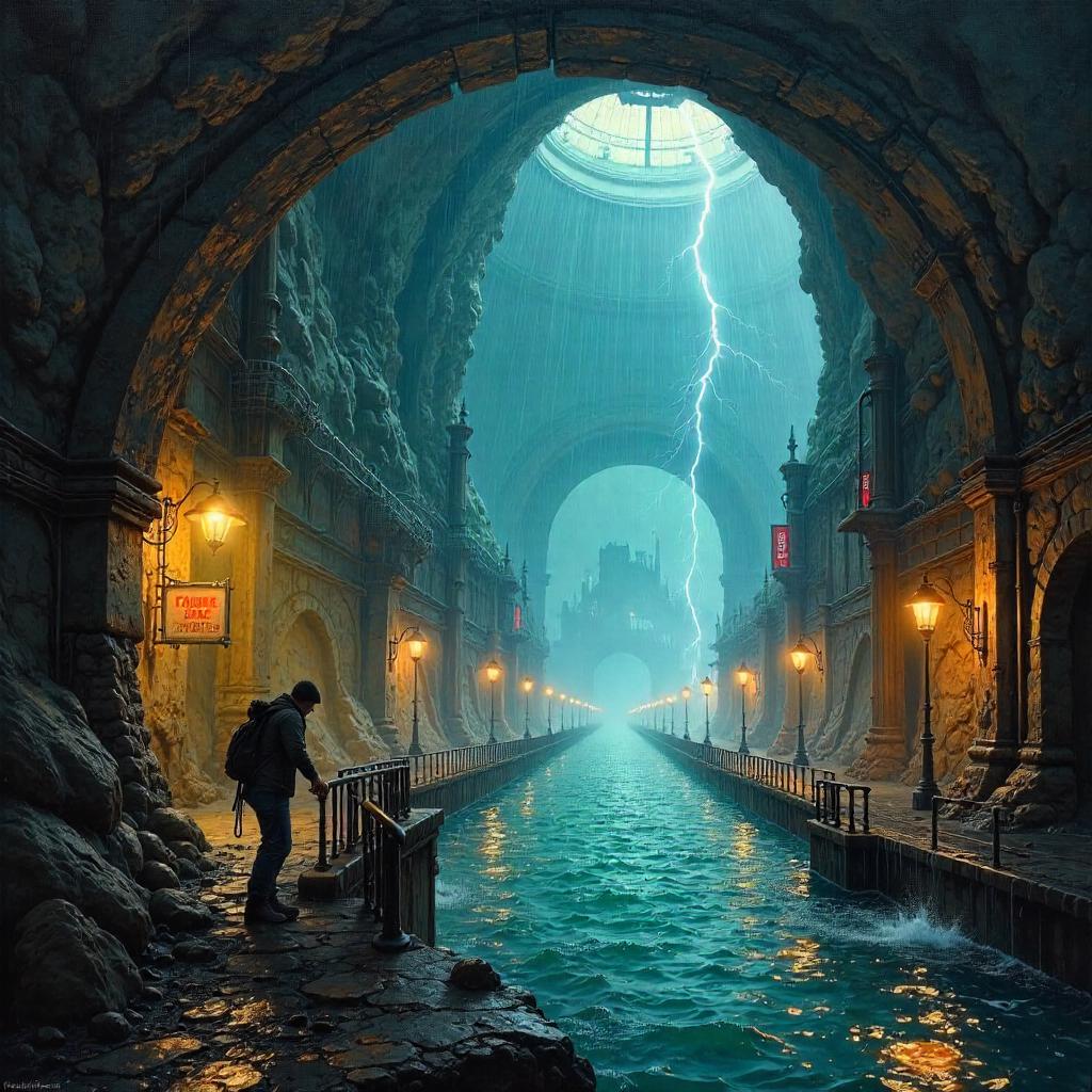 Hurricane in an Underground City, An Oil Painting