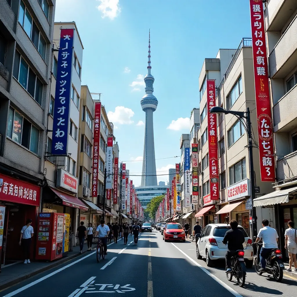 Bustling Tokyo Street View with Skytree in Sight