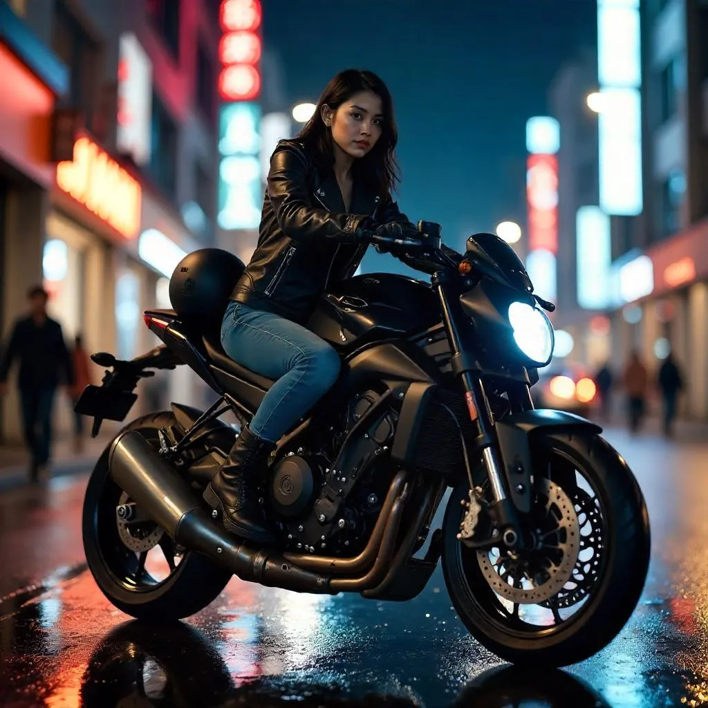 Photorealistic Young Asian Woman on a Motorcycle
