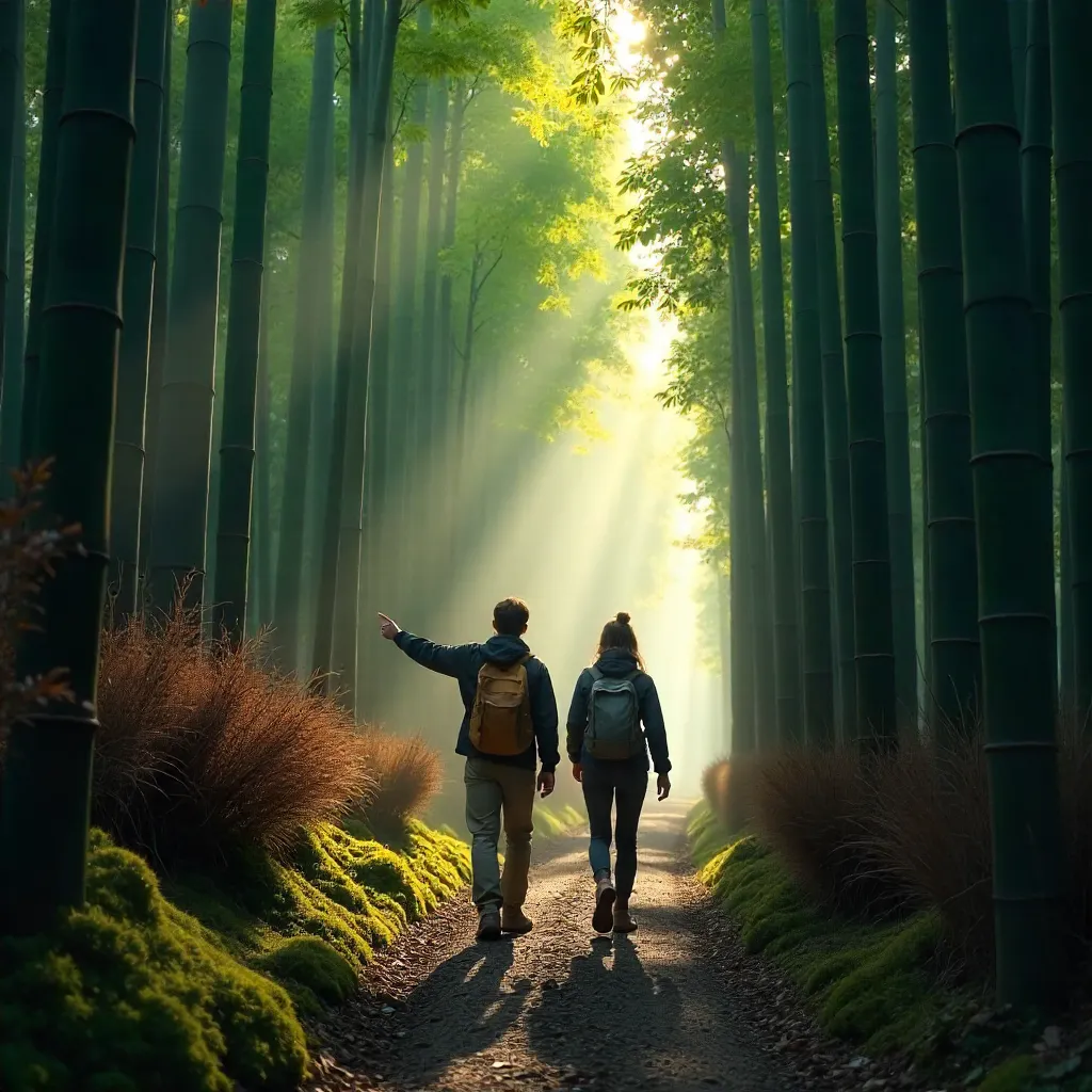 Two Hikers in Kyoto's Towering Bamboo Grove