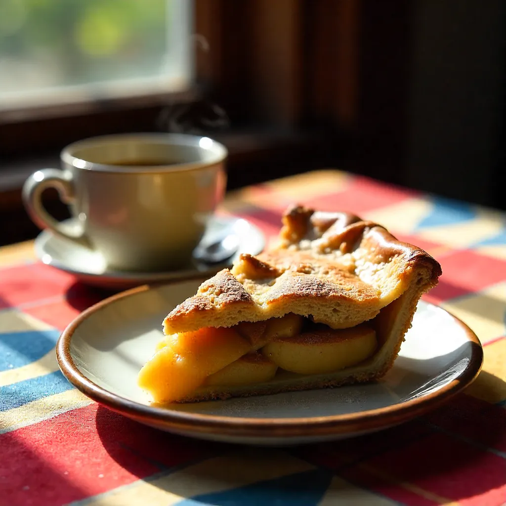 Slice of Apple Pie with Espresso on Colorful Tablecloth