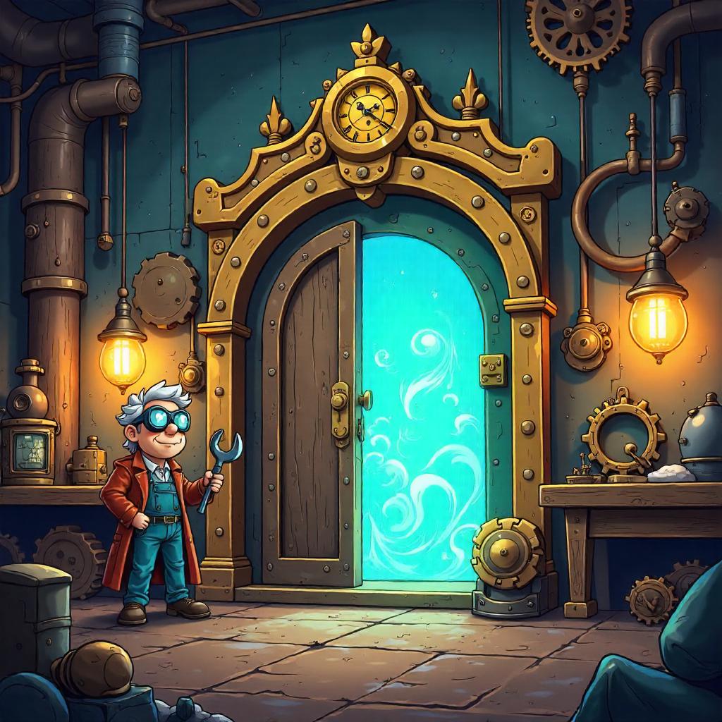 Cartoon Steampunk Gateway in a Workshop