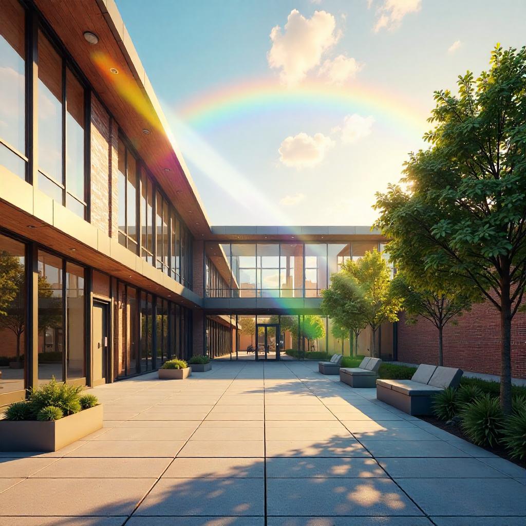 Rainbow Arch Over a Modern School Courtyard - 3D Render