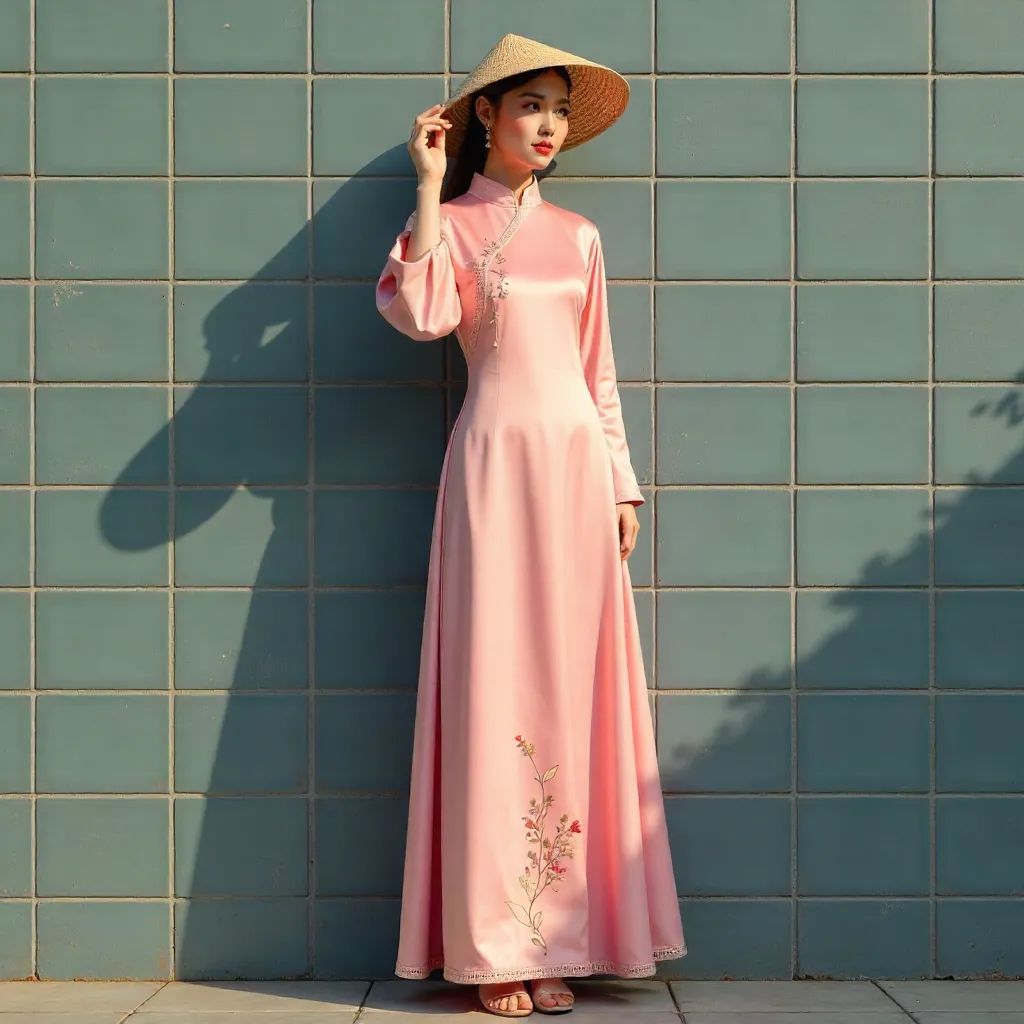 Woman in Pink Ao Dai by a Tiled Wall