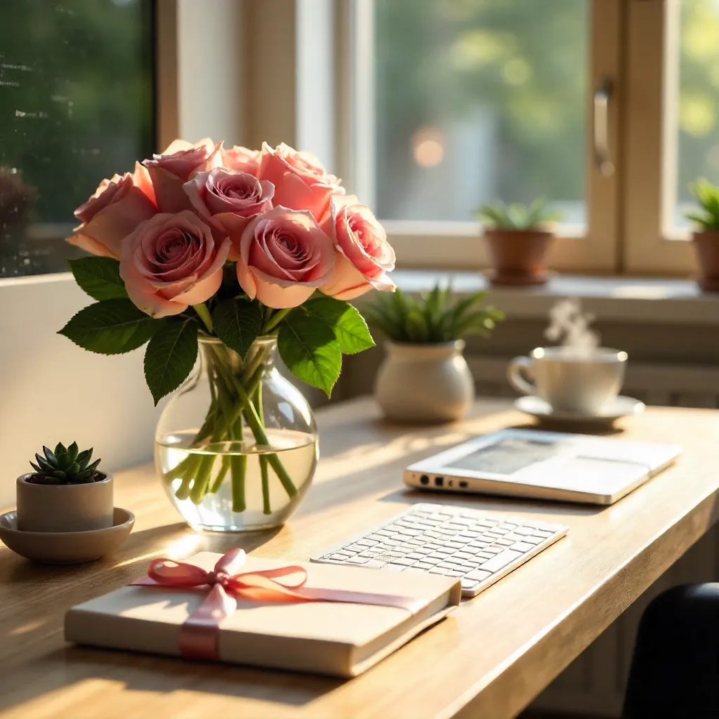 Elegant Desk Oasis with Roses Gift Notebook and Keyboard