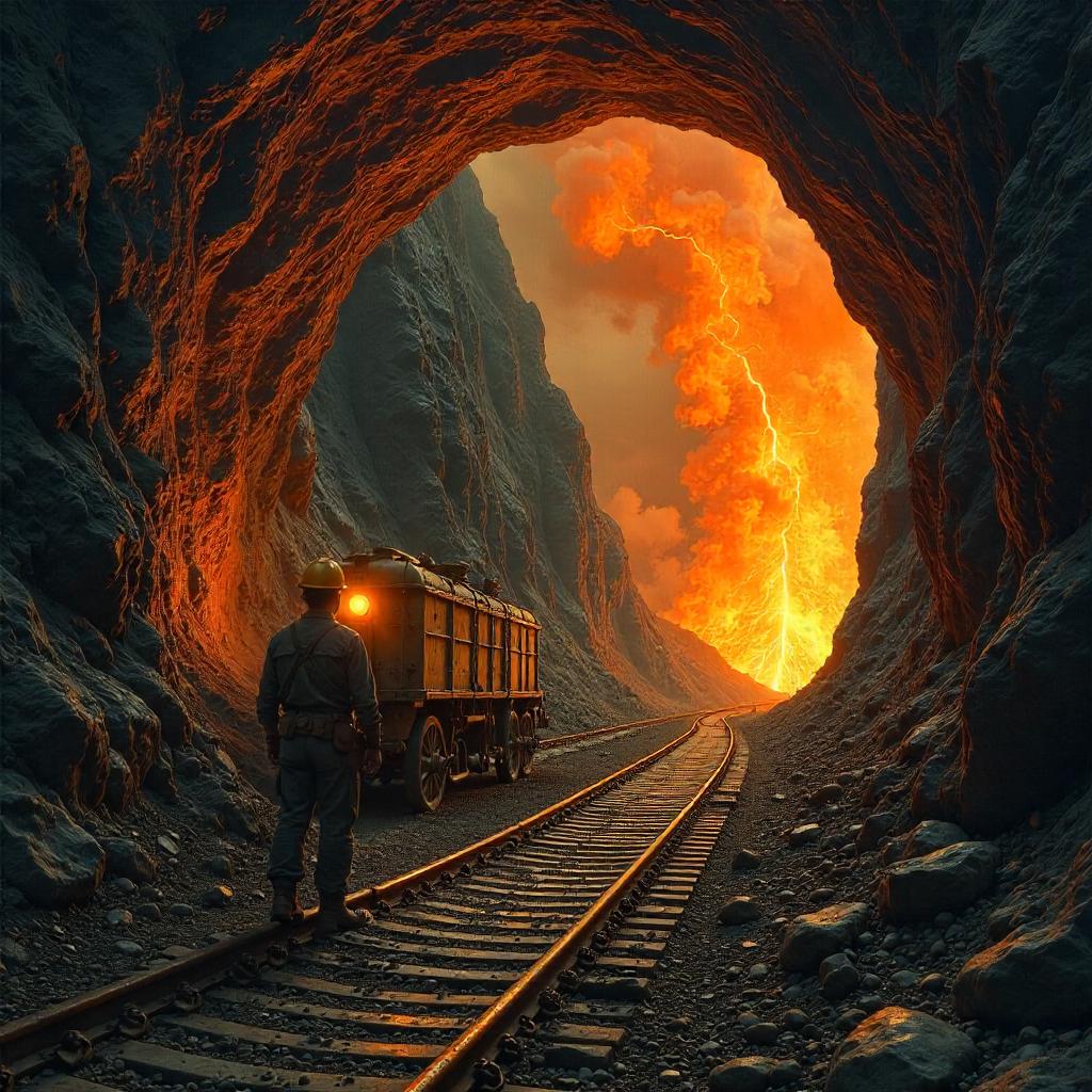 Volcano in the Mine: An Oil Painting Scene