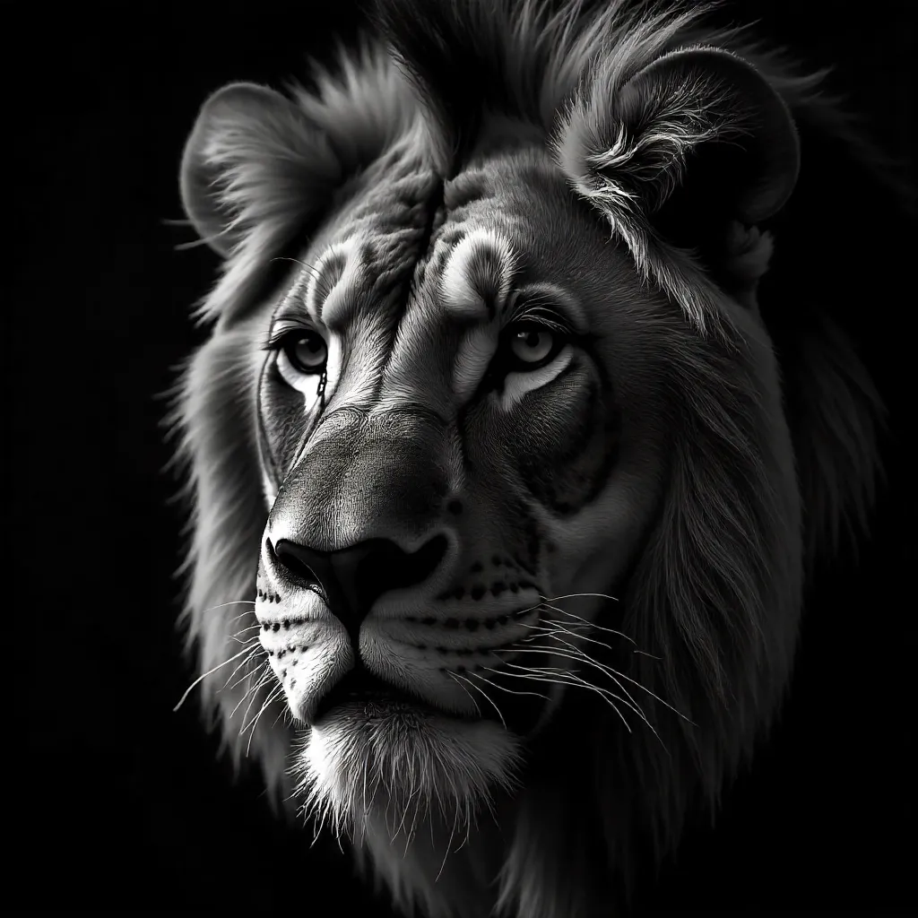 Close-Up B&W Lion Portrait: Regal Mane and Gaze