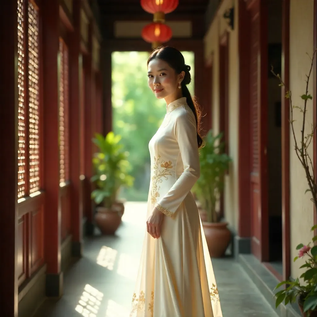 Elegant Ao Dai in a Hanoi Corridor
