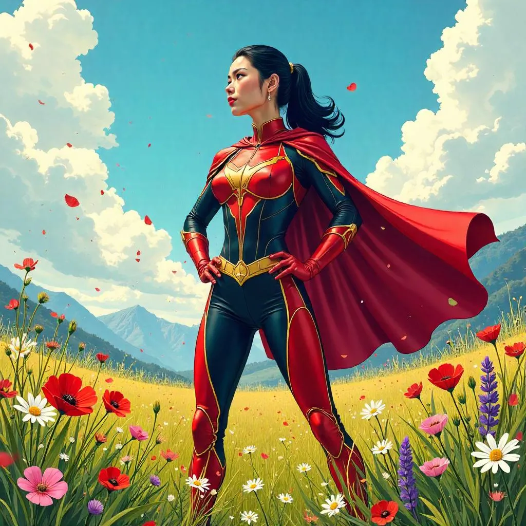 Confident Asian Heroine in a Comic-Flower Field