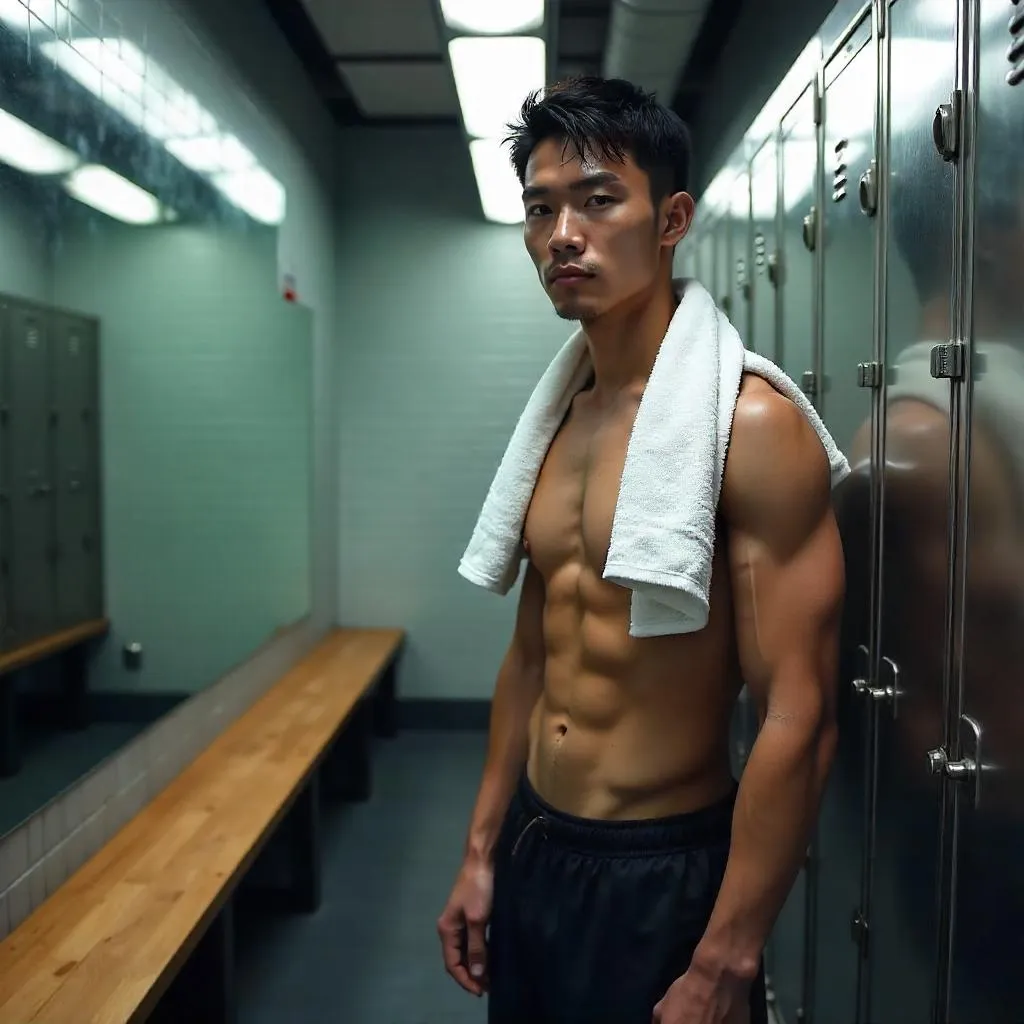 Photorealistic Young Asian Man in Locker Room