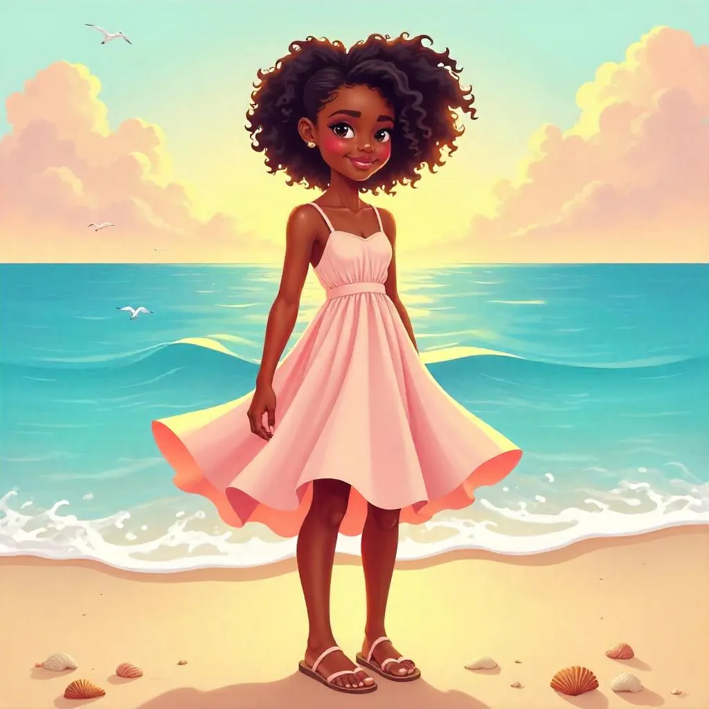 Elegant Black Girl by the Ocean in Cartoon Style