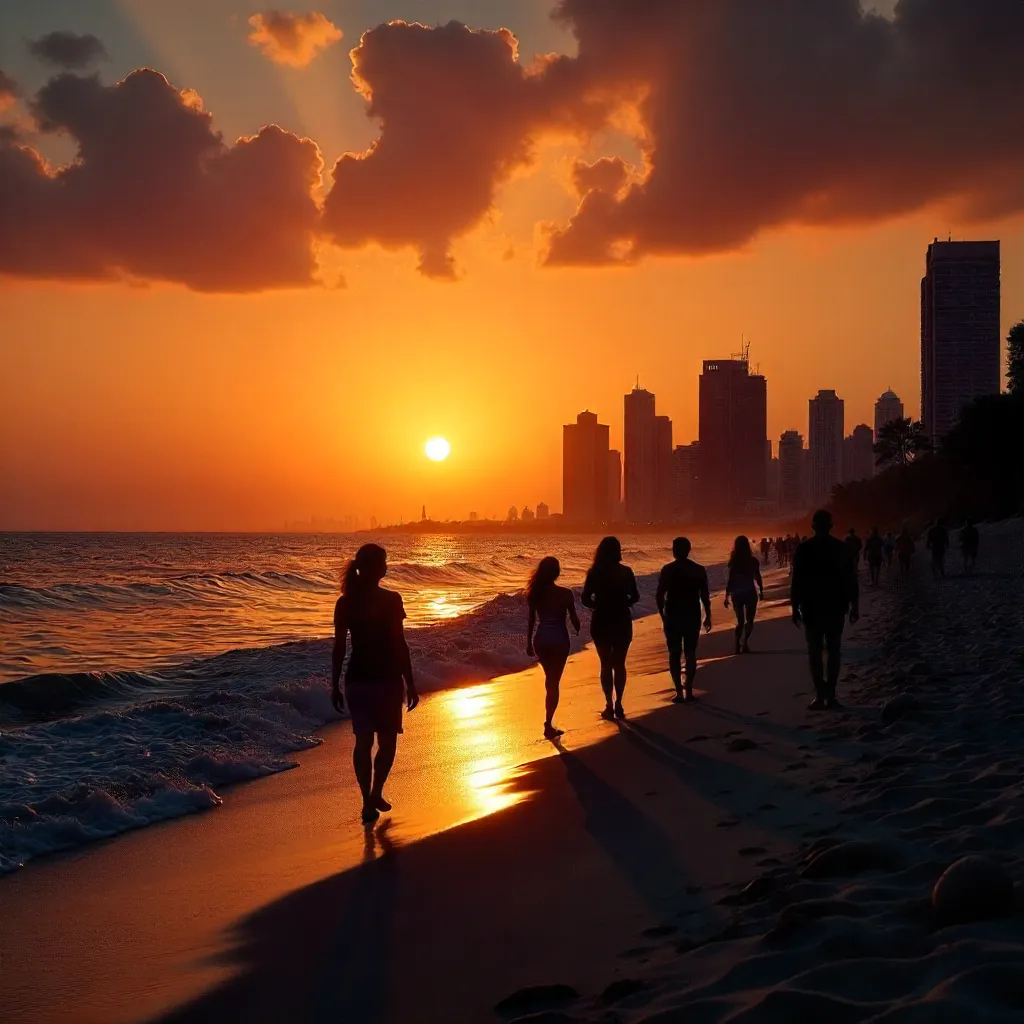 Sunset Silhouettes Over Beach with City Skyline