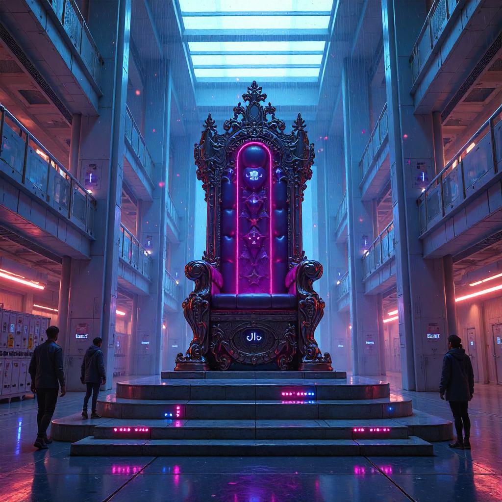 Neon Cyberpunk Throne in a School Atrium