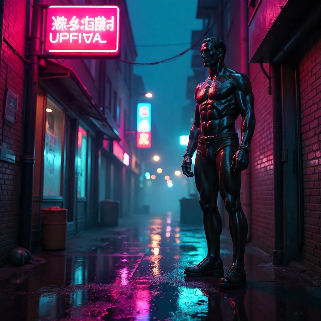 Neon Alley Statue in Digital Cyberpunk Night
