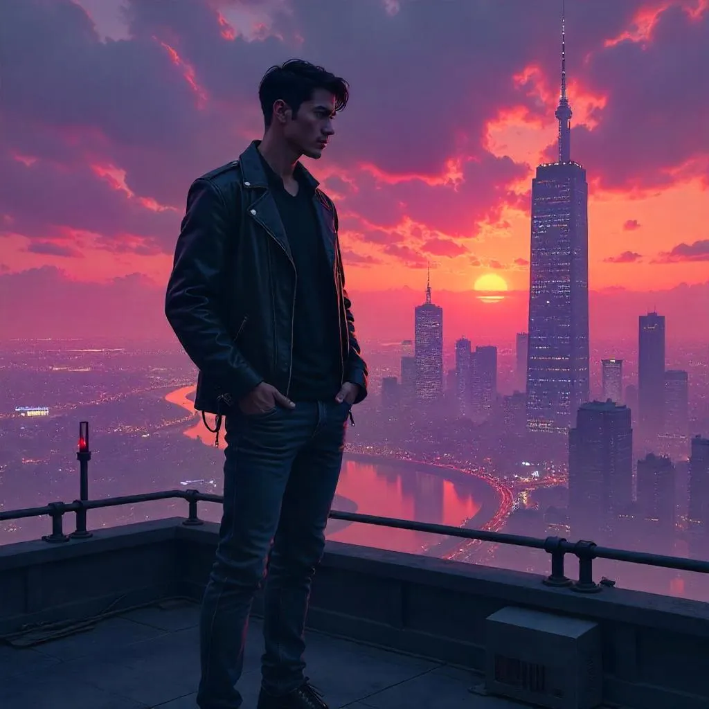 Rooftop Resolve: Confident Asian Man in Neon City