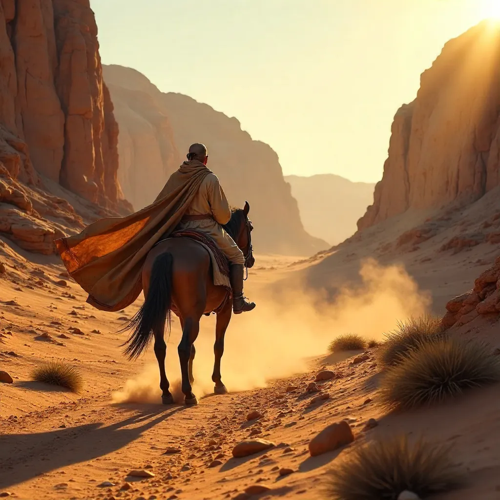 Rider in Traditional Attire Crossing Desert Cliffs