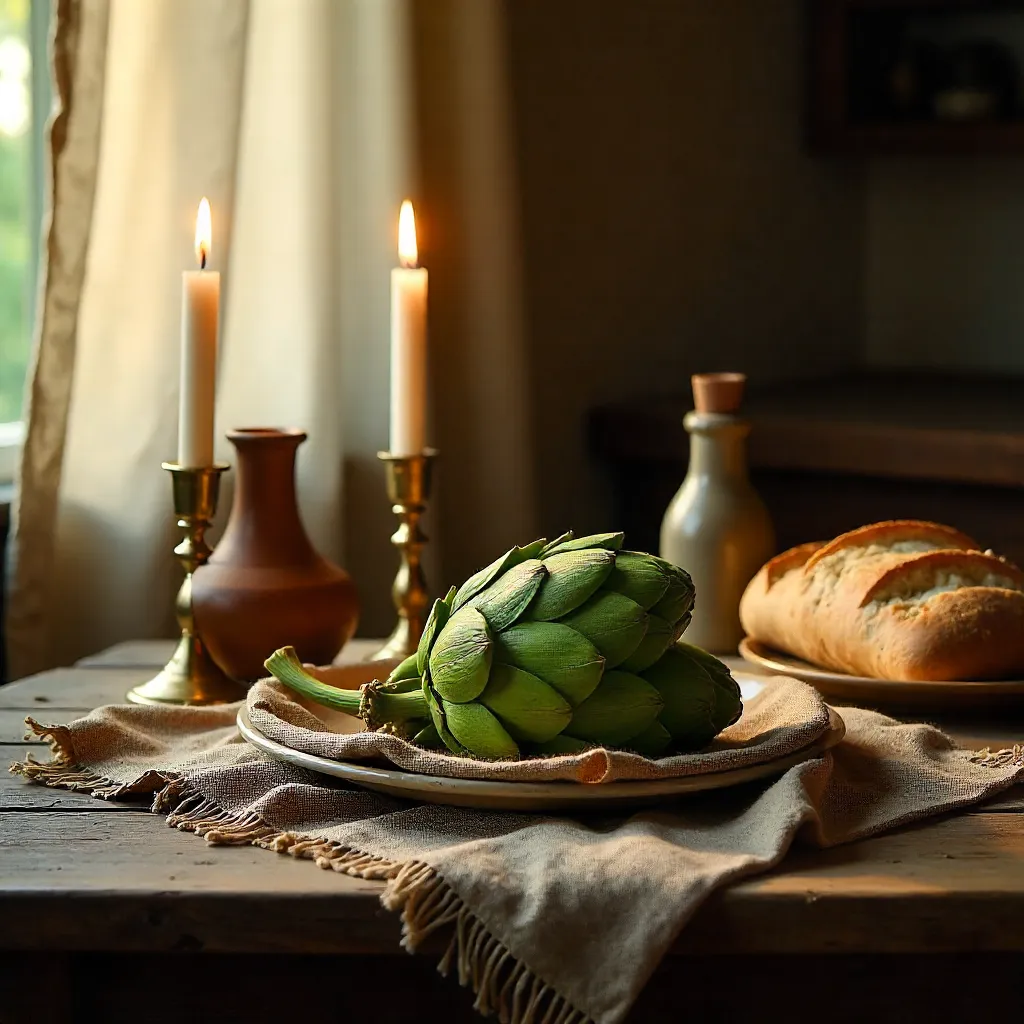 Warm Rustic Table with Artichokes and Candles