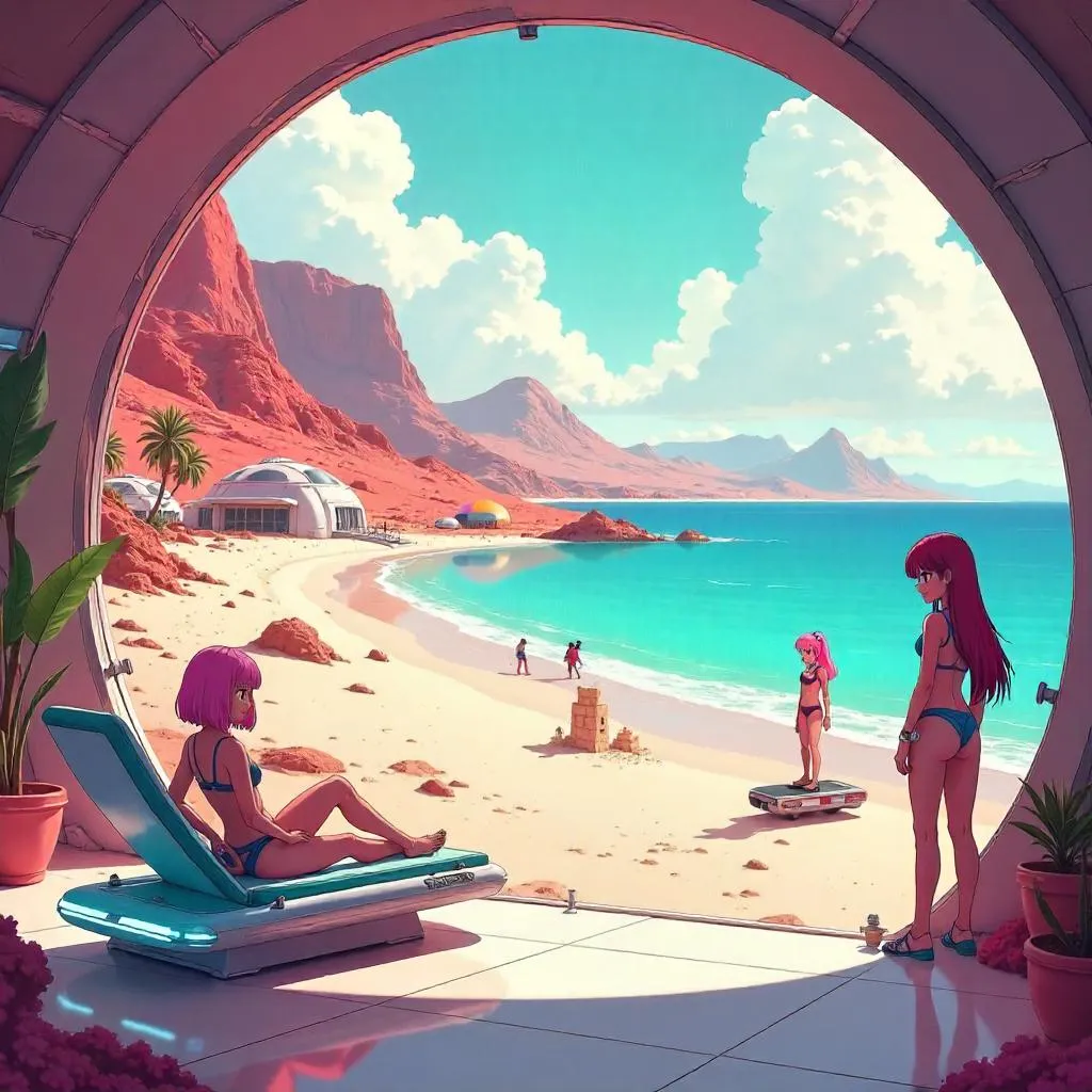 Anime Beach Oasis Inside a Mars Base Dome