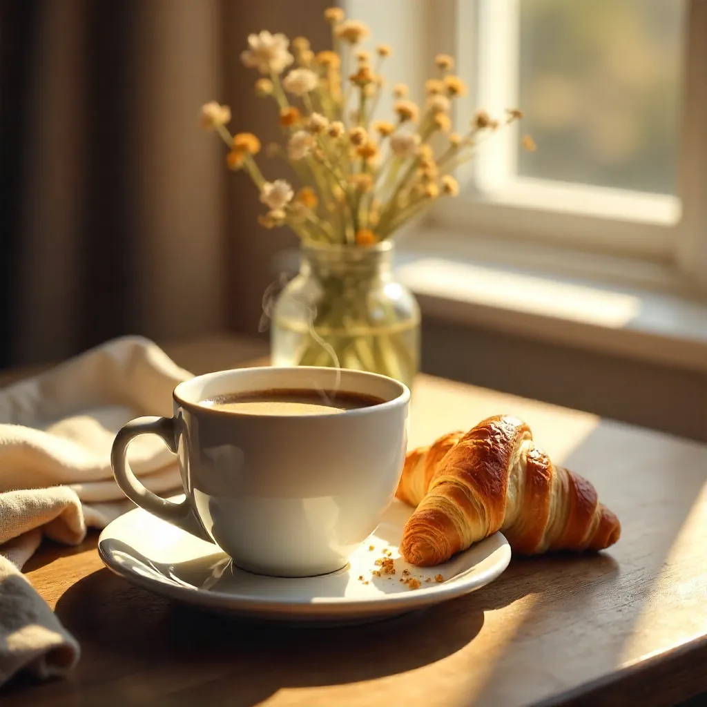 Cozy Morning: Coffee and Croissant on a Wooden Table