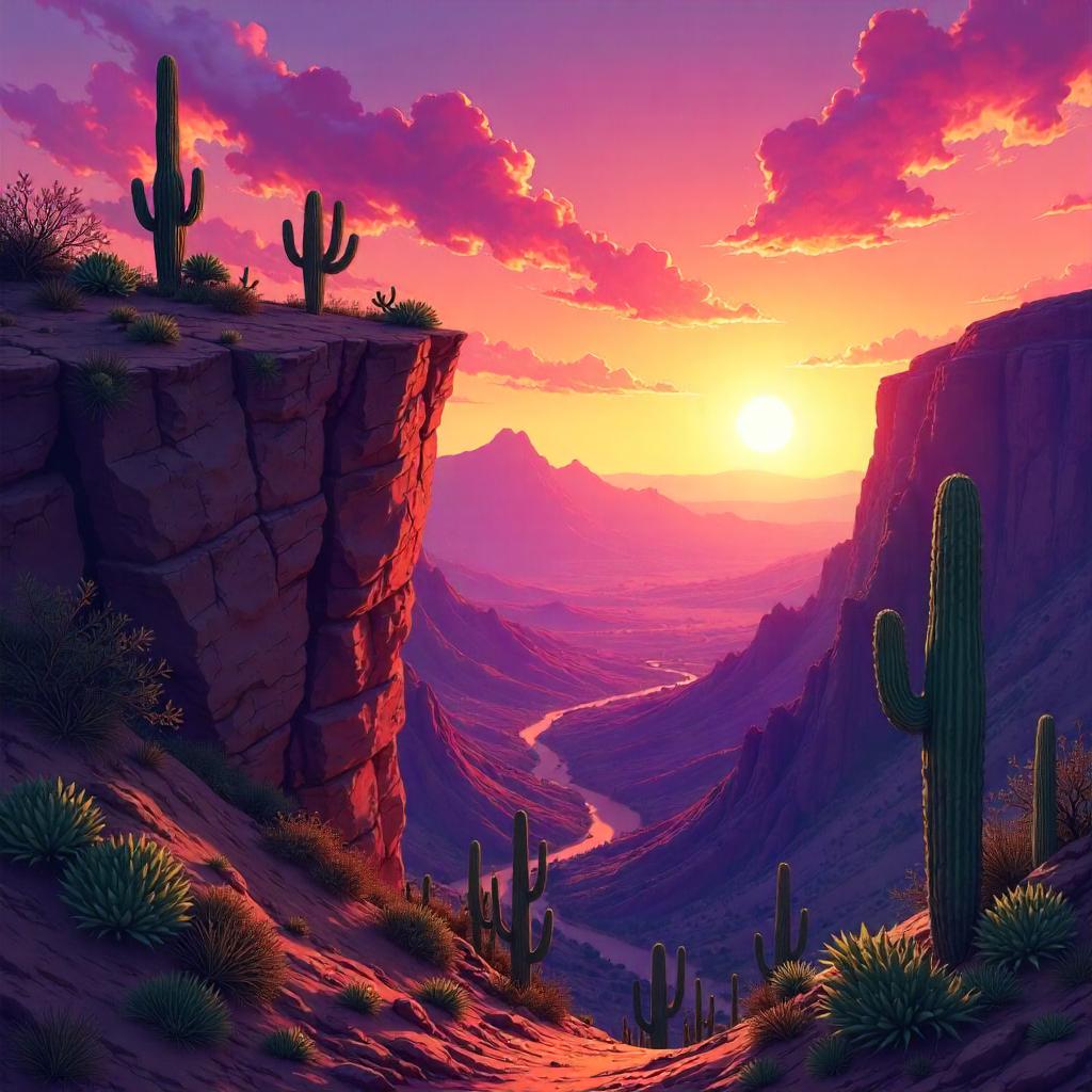 Anime Cliffscape Among Desert Cacti at Sunset