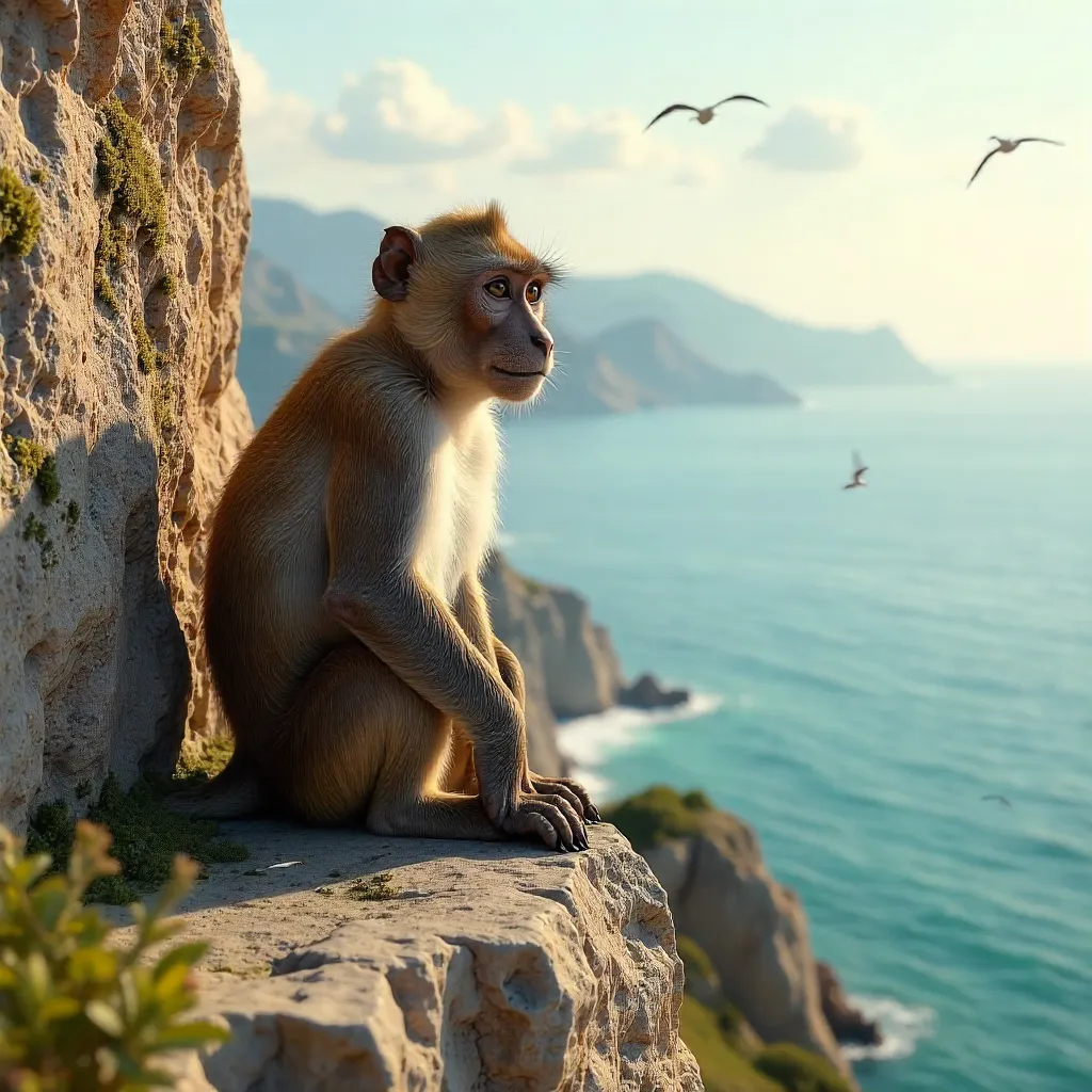 Barbary Macaque on Stone Wall Overlooking Gibraltar Bay
