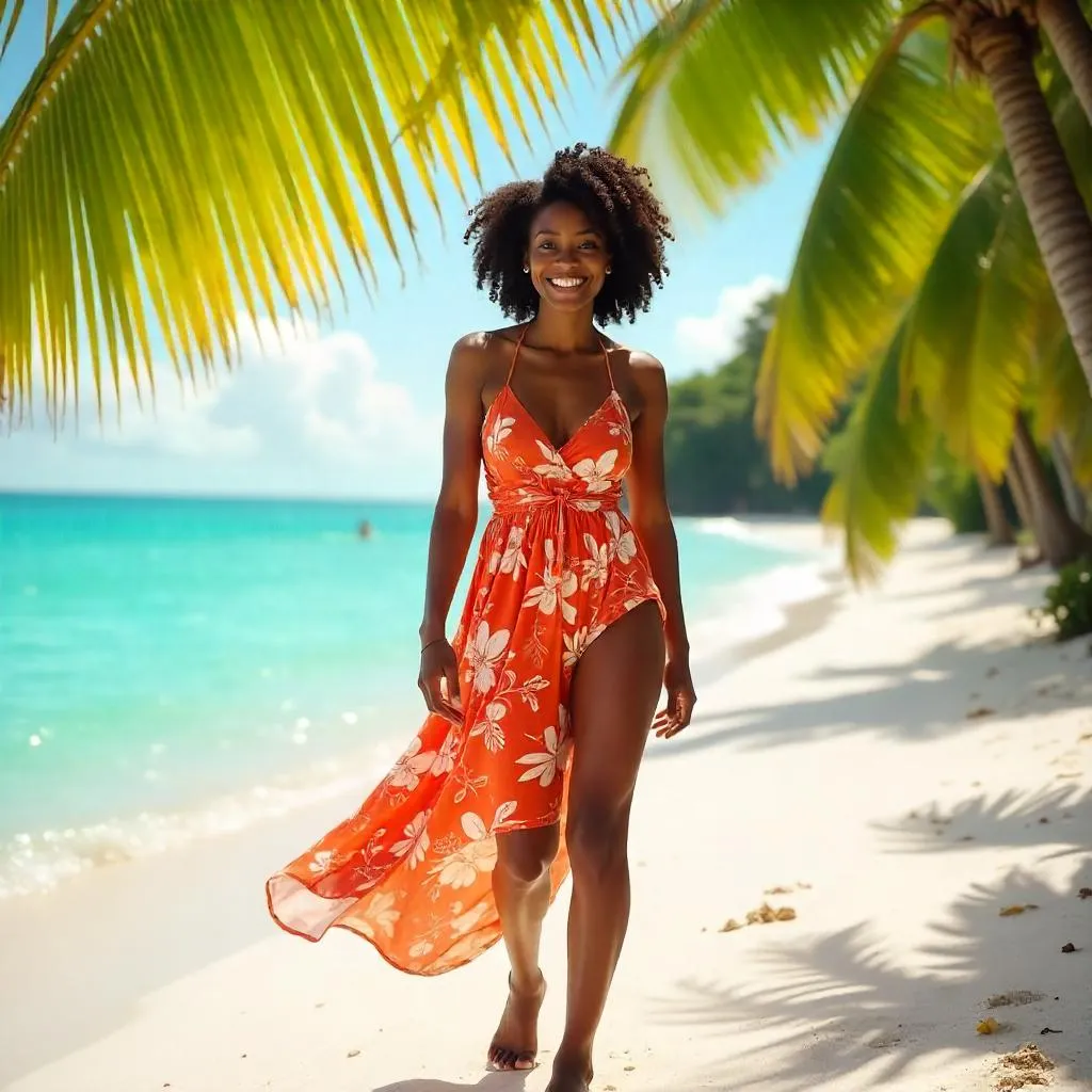 Cheerful Black Woman in a Tropical Paradise