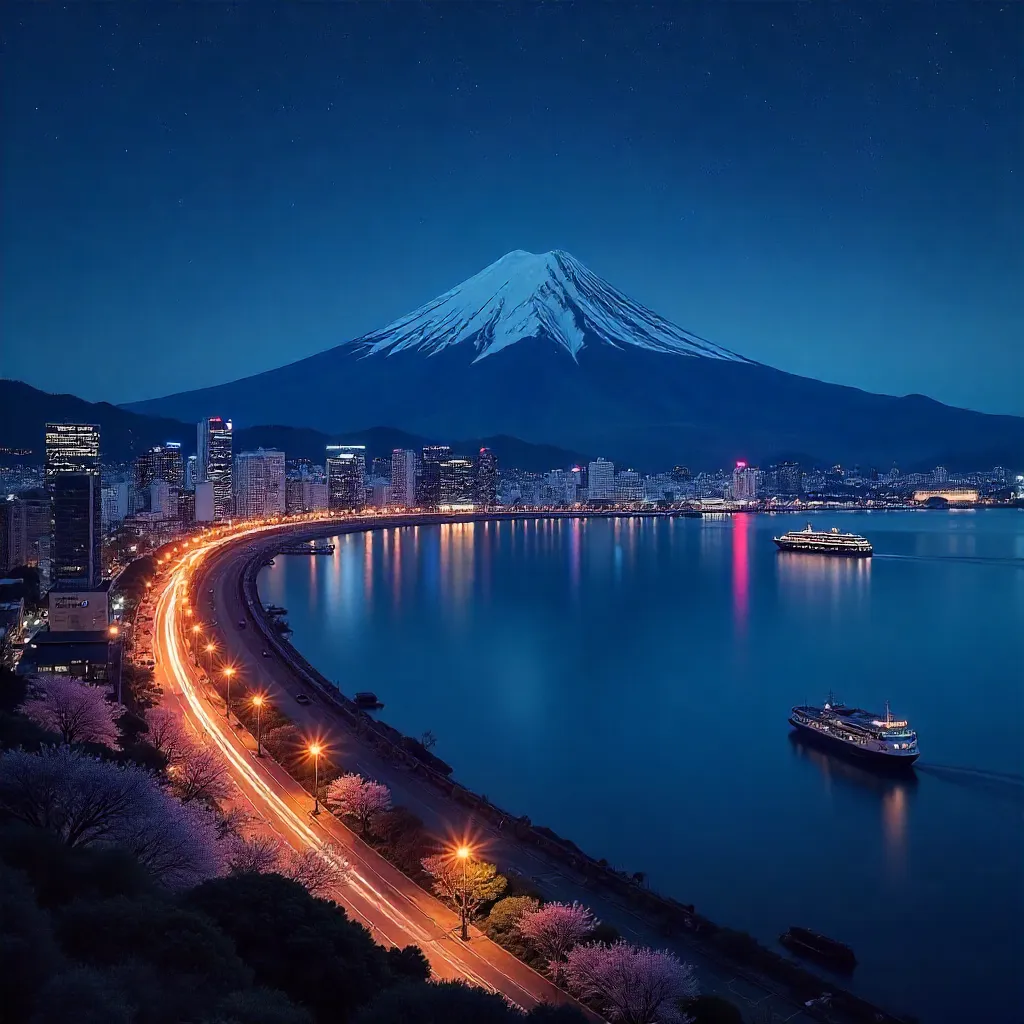 Stunning Night View of Mount Fuji over Shizuoka City