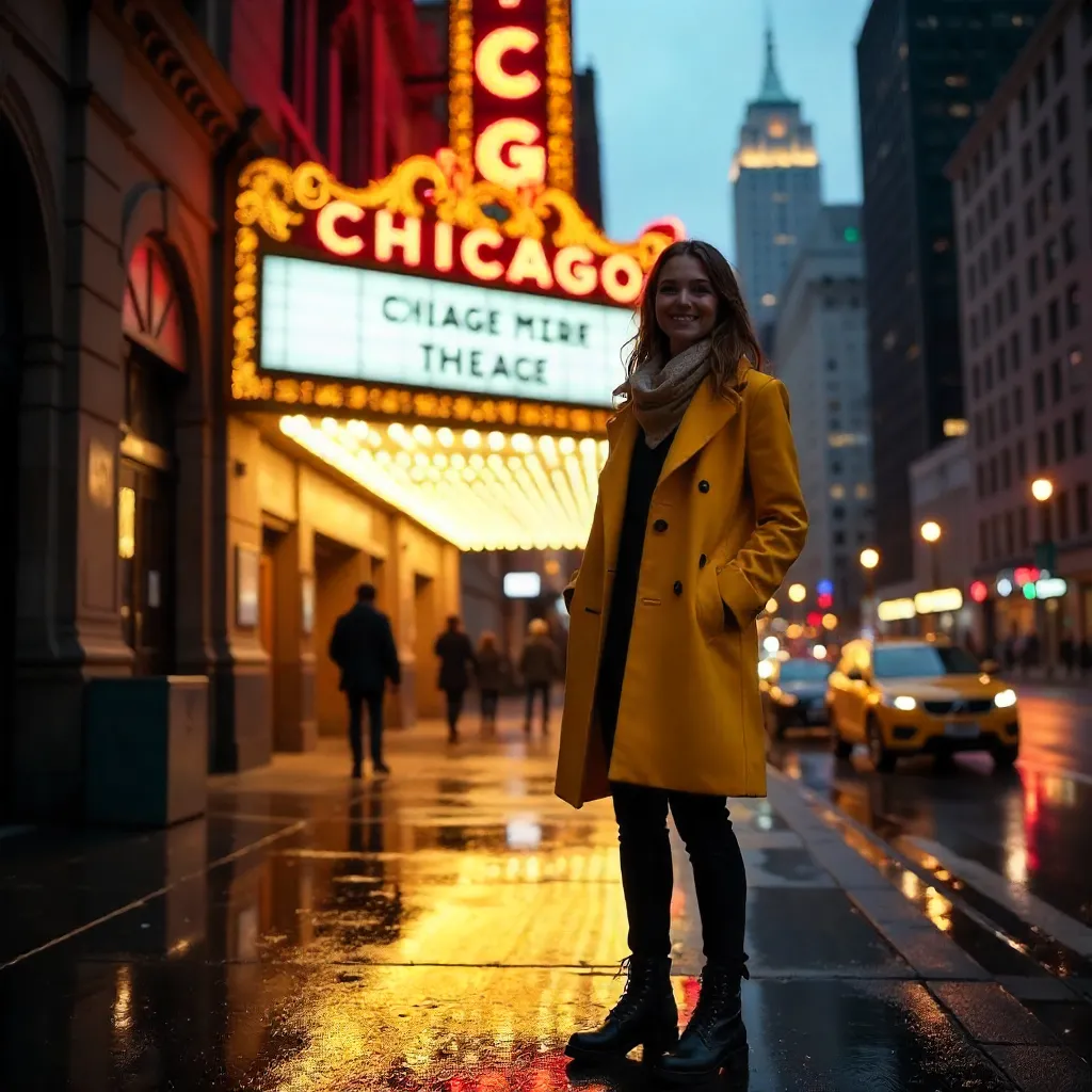 Yellow Coat Woman by Chicago Theatre Marquee